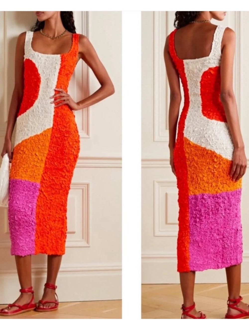 Mara Hoffman Sloan Orange, Pink & White Textured Colorblock Midi Dress